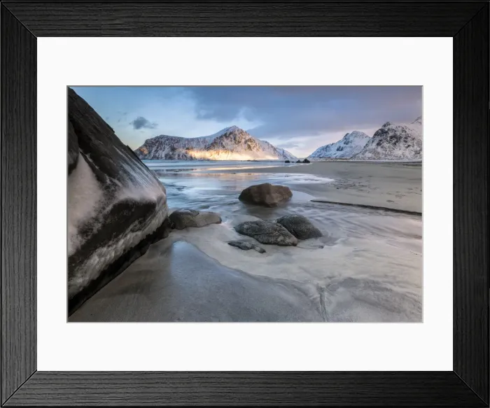 Framed Print : Sunset on the surreal Skagsanden beach surrounded by snow covered mountains, Flakstad Framed Print : Sunset on the surreal Skagsanden beach surrounded by snow covered mountains, Flakstad