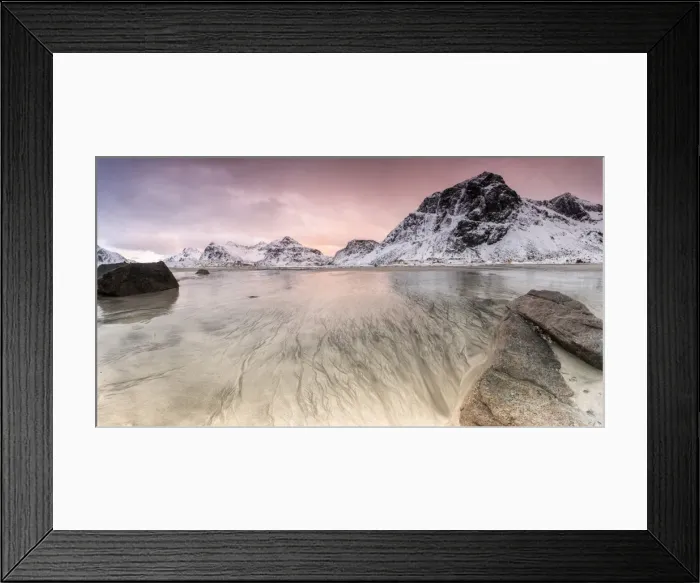 Framed Print : Sunset on the surreal Skagsanden beach surrounded by snow covered mountains, Flakstad Framed Print : Sunset on the surreal Skagsanden beach surrounded by snow covered mountains, Flakstad
