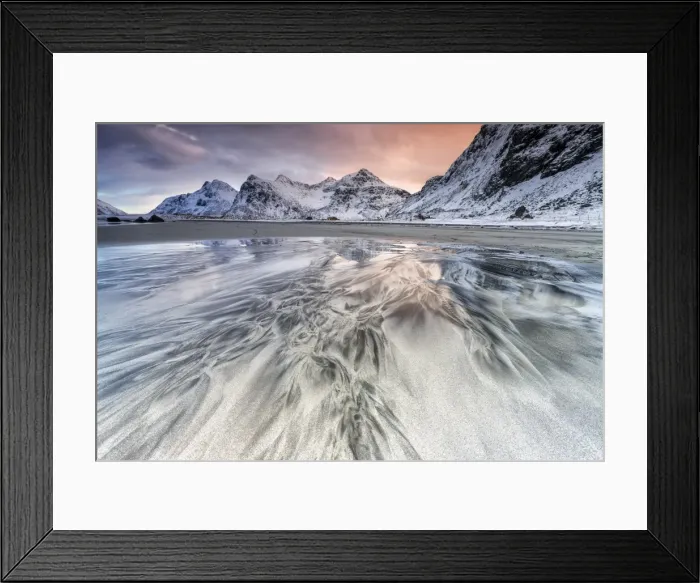 Framed Print : Sunset on the surreal Skagsanden beach surrounded by snow covered mountains, Flakstad