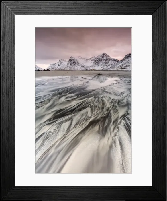 Framed Print : Sunset on the surreal Skagsanden beach surrounded by snow covered mountains, Flakstad Framed Print : Sunset on the surreal Skagsanden beach surrounded by snow covered mountains, Flakstad