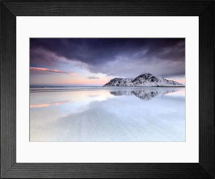 Framed Print : Sunset on Skagsanden beach surrounded by snow covered mountains reflected in the cold sea Framed Print : Sunset on Skagsanden beach surrounded by snow covered mountains reflected in the cold sea