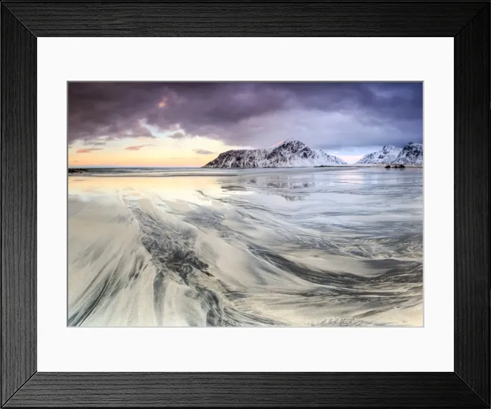 Framed Print : Sunset on the surreal Skagsanden beach surrounded by snow covered mountains, Flakstad Framed Print : Sunset on the surreal Skagsanden beach surrounded by snow covered mountains, Flakstad
