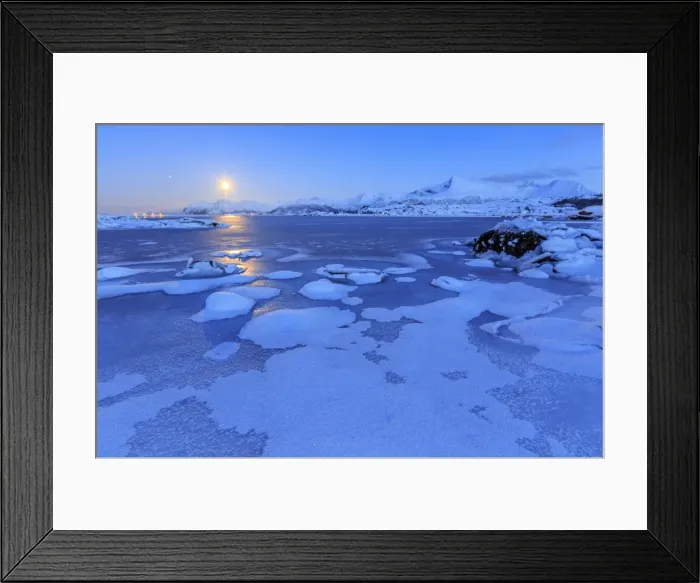 Framed Print : Reflections of full moon in the frozen sea, Lyngedal, Lofoten Islands, Arctic, Norway Framed Print : Reflections of full moon in the frozen sea, Lyngedal, Lofoten Islands, Arctic, Norway