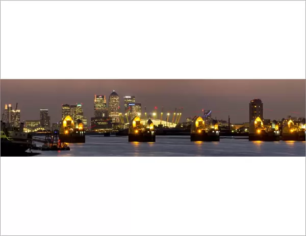Thames Flood Barrier with Docklands and Canary Wharf panorama from Woolwich, London