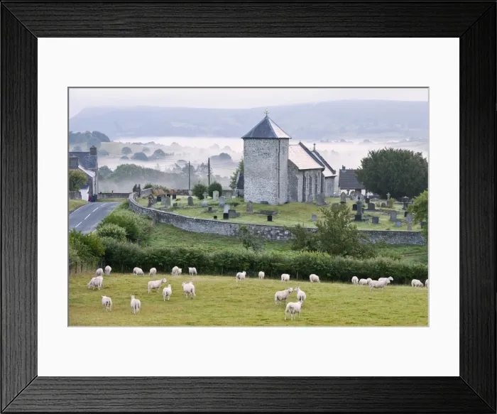 Framed Print : Early morning mist in the valleys surrounds St. Davids Church, Llanddewi r Cwm, Powys
