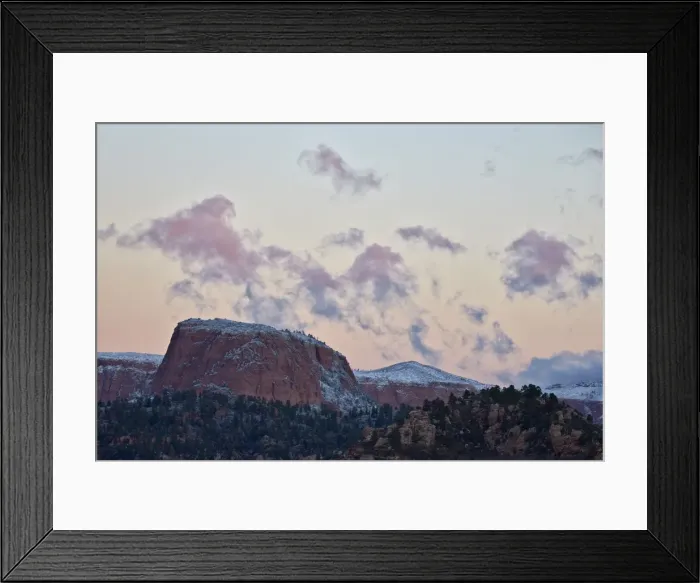 Framed Print : Pink clouds at dawn over sandstone formations covered with a dusting of snow, Zion National Park Framed Print : Pink clouds at dawn over sandstone formations covered with a dusting of snow, Zion National Park