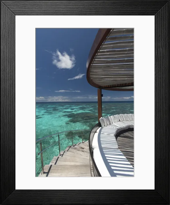 Framed Print : Stairs to the beach and sofa overlooking the ocean, Maldives, Indian Ocean, Asia Framed Print : Stairs to the beach and sofa overlooking the ocean, Maldives, Indian Ocean, Asia
