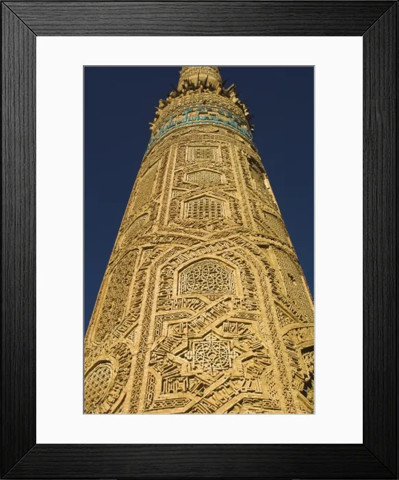 Framed Print : Detail of decoration on minaret including Kufic inscription in turquoise glazed tiles Framed Print : Detail of decoration on minaret including Kufic inscription in turquoise glazed tiles