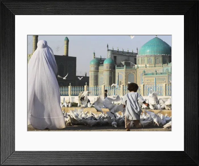 Framed Print : Lady in burqa feeding famous white pigeons whilst child chases them, Shrine of Hazrat Ali Framed Print : Lady in burqa feeding famous white pigeons whilst child chases them, Shrine of Hazrat Ali