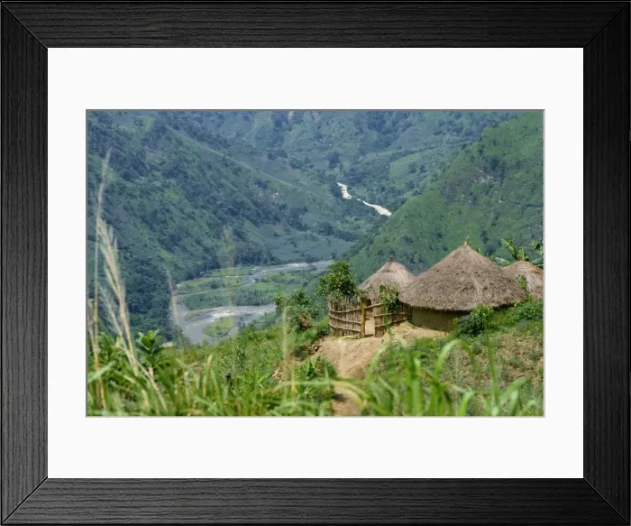 Framed Print : Native huts in a valley near Uriva, Zaire, Africa Framed Print : Native huts in a valley near Uriva, Zaire, Africa