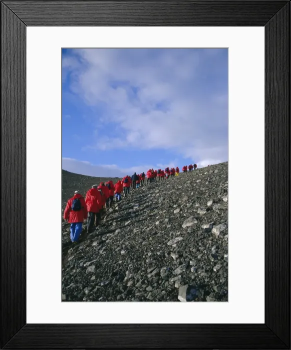 Framed Print : Tourists ascending recent volcanic cone, Penguin Island, South Shetland Islands Framed Print : Tourists ascending recent volcanic cone, Penguin Island, South Shetland Islands