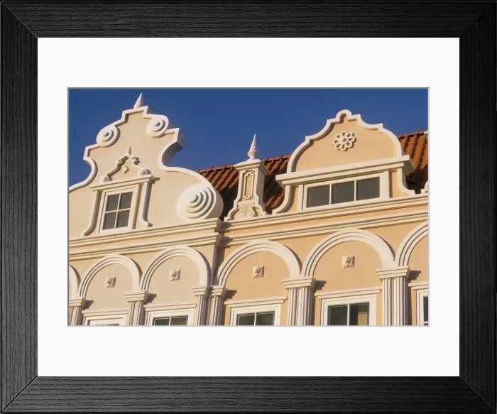 Framed Print : Dutch style gables show colonial influence, Oranjestad, Aruba, Caribbean, Central America Framed Print : Dutch style gables show colonial influence, Oranjestad, Aruba, Caribbean, Central America