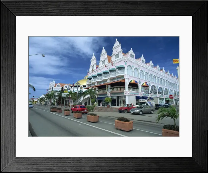 Framed Print : Modern shopping centre in Dutch colonial style, Oranjestad, Aruba, West Indies Framed Print : Modern shopping centre in Dutch colonial style, Oranjestad, Aruba, West Indies