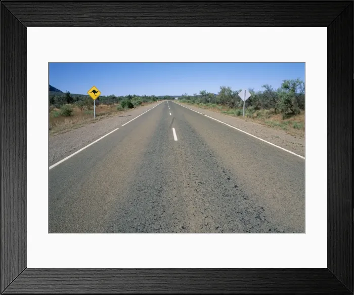 Framed Print : Kangaroo sign and empty road, Flinders Range, South Australia, Australia, Pacific Framed Print : Kangaroo sign and empty road, Flinders Range, South Australia, Australia, Pacific