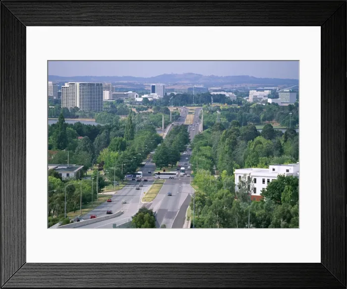 Framed Print : Looking from Capital Hill along Commonwealth Avenue towards Vernon Circle in the centre of the capital city, Canberra, Australian Capital Territory (A. C. T. ) Framed Print : Looking from Capital Hill along Commonwealth Avenue towards Vernon Circle in the centre of the capital city, Canberra, Australian Capital Territory (A. C. T. )