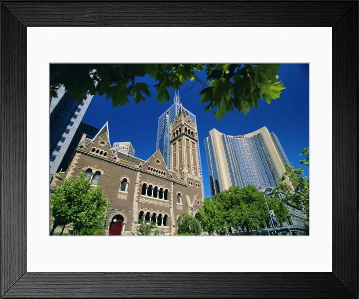 Framed Print : Hyatt Hotel, other tower blocks and older church at the junction of Russell Framed Print : Hyatt Hotel, other tower blocks and older church at the junction of Russell