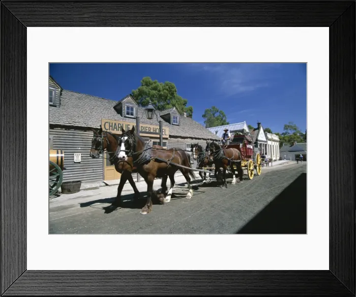 Framed Print : Horse drawn carriage at Sovereign Hill, re-creation of an 1860s gold-mining township near Ballarat Framed Print : Horse drawn carriage at Sovereign Hill, re-creation of an 1860s gold-mining township near Ballarat