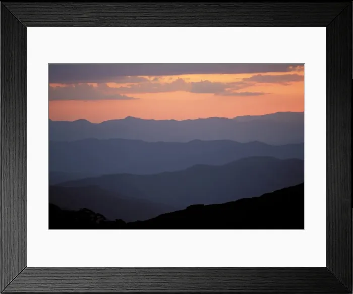 Framed Print : Landscape view, twilight glow and mountain ridges of High Country from Mount Feathertop Framed Print : Landscape view, twilight glow and mountain ridges of High Country from Mount Feathertop