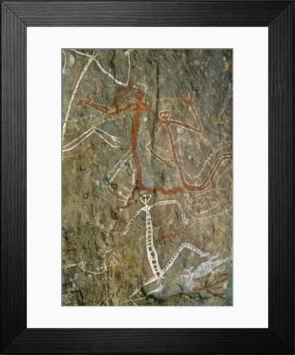 Framed Print : Painting of dancing figures at Nourlangie Rock, sacred aboriginal shelter Framed Print : Painting of dancing figures at Nourlangie Rock, sacred aboriginal shelter