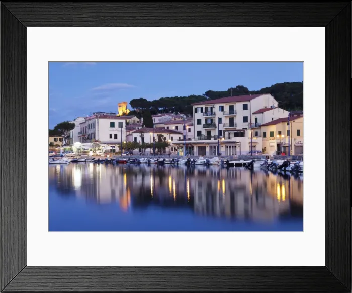 Framed Print : Harbour with Torre della Marina, Marina di Campo, Island of Elba, Livorno Province
