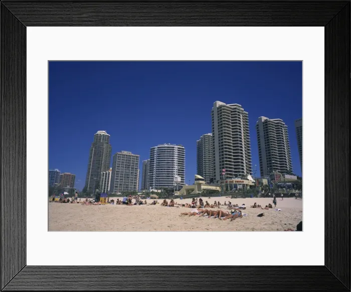 Framed Print : The beach at Surfers Paradise with hotels and apartment blocks, Surfers Paradise Framed Print : The beach at Surfers Paradise with hotels and apartment blocks, Surfers Paradise