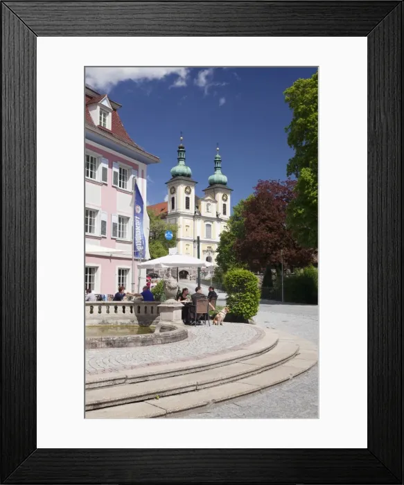 Framed Print : Street cafe, St. Johann Church, Donaueschingen, Black Forest, Baden Wurttemberg, Germany Framed Print : Street cafe, St. Johann Church, Donaueschingen, Black Forest, Baden Wurttemberg, Germany