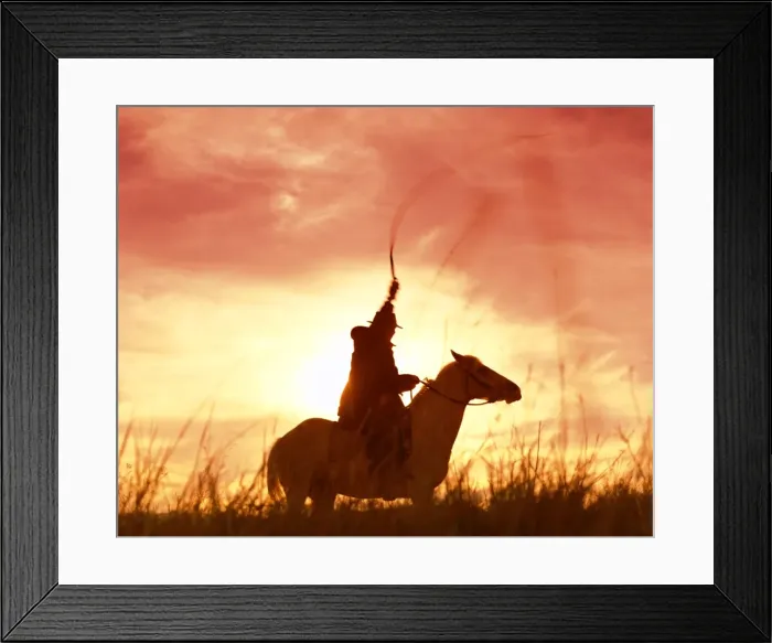Framed Print : Profile of a stockman on a horse against the sunset, Queensland, Australia, Pacific