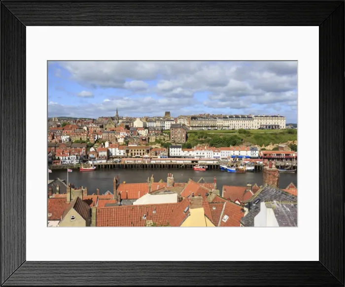 Framed Print : View across rooftops to West Side town, boats, pier, fish market and elegant hotels Framed Print : View across rooftops to West Side town, boats, pier, fish market and elegant hotels