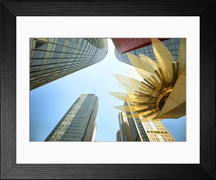 Framed Print : Glass and golden metal Lotus installation in front of HSBC Bank with surrounding Framed Print : Glass and golden metal Lotus installation in front of HSBC Bank with surrounding