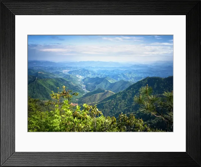 Framed Print : Misty mountain chains and valley with village as seen from Tian Mu Shan peak, Zhejiang Framed Print : Misty mountain chains and valley with village as seen from Tian Mu Shan peak, Zhejiang