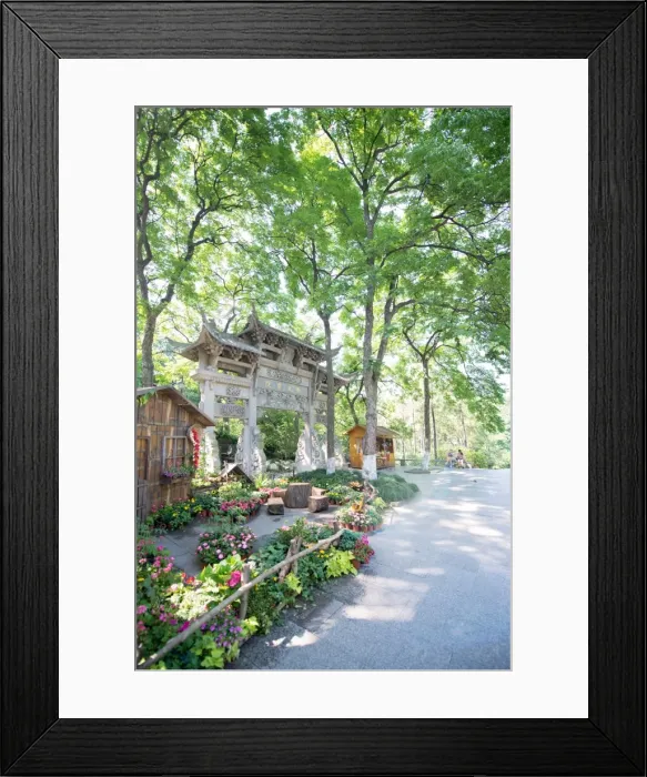Framed Print : Traditional Chinese stone gate, lush surroundings and floral decorations at Wansong Academy Framed Print : Traditional Chinese stone gate, lush surroundings and floral decorations at Wansong Academy
