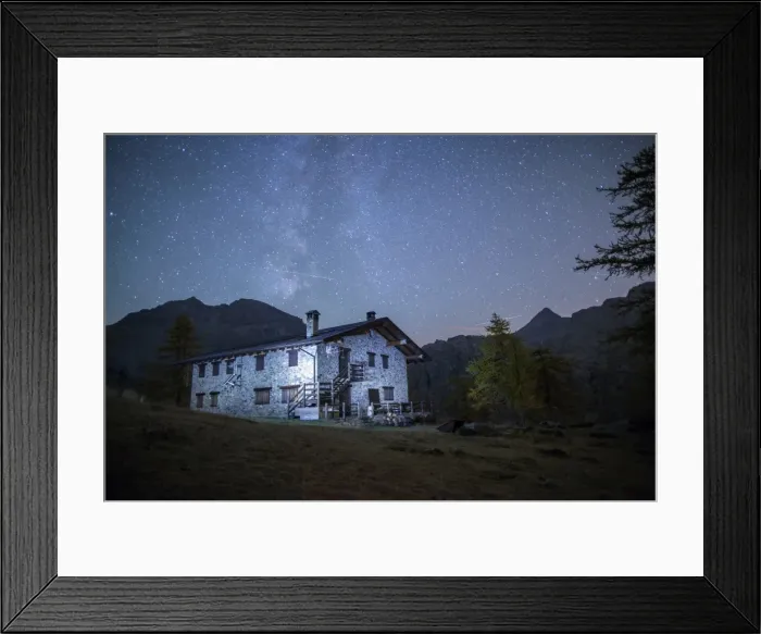 Framed Print : Starry night on Barbustel Refuge, Natural Park of Mont Avic, Aosta Valley, Graian Alps Framed Print : Starry night on Barbustel Refuge, Natural Park of Mont Avic, Aosta Valley, Graian Alps