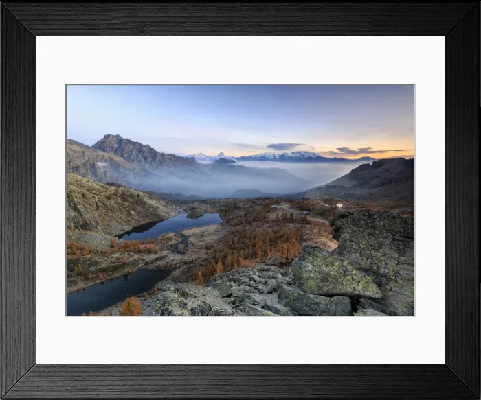 Framed Print : Sunrise on Matterhorn and Mount Rosa, Natural Park of Mont Avic, Valle d Aosta, Graian Alps Framed Print : Sunrise on Matterhorn and Mount Rosa, Natural Park of Mont Avic, Valle d Aosta, Graian Alps