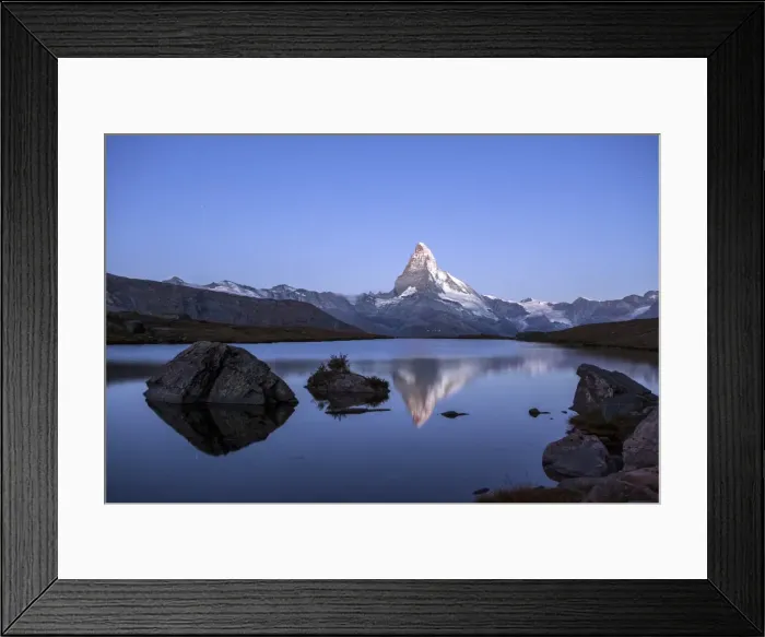 Framed Print : The Matterhorn reflected in Stellisee at sunrise, Zermatt, Canton of Valais, Pennine Alps Framed Print : The Matterhorn reflected in Stellisee at sunrise, Zermatt, Canton of Valais, Pennine Alps
