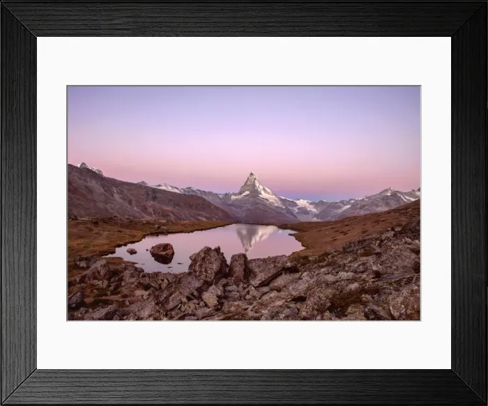 Framed Print : Pink sky at sunrise on the Matterhorn reflected in Stellisee, Zermatt, Canton of Valais Framed Print : Pink sky at sunrise on the Matterhorn reflected in Stellisee, Zermatt, Canton of Valais
