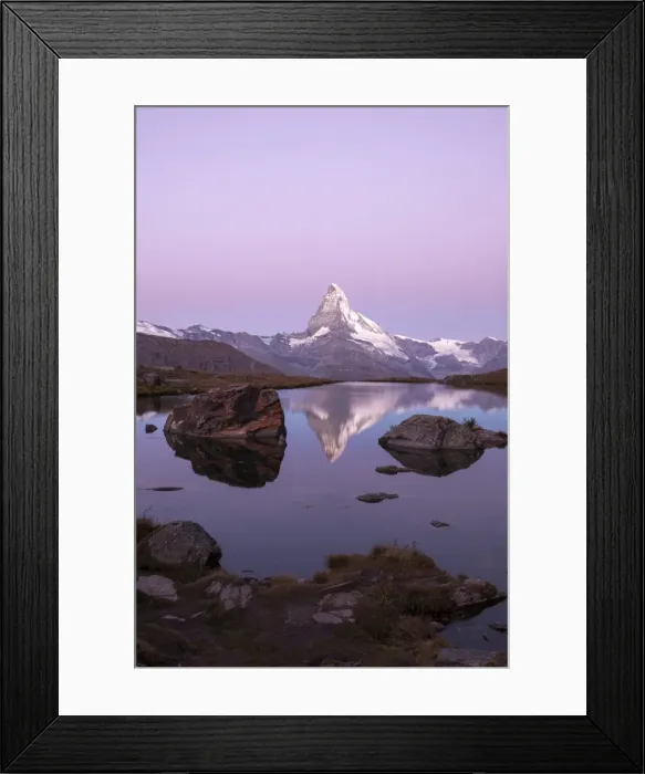 Framed Print : The Matterhorn reflected in the Stellisee at dusk, Zermatt, Canton of Valais, Pennine Alps Framed Print : The Matterhorn reflected in the Stellisee at dusk, Zermatt, Canton of Valais, Pennine Alps