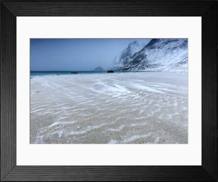 Framed Print : Beach partially snowy surrounded by mountains, Haukland, Lofoten Islands, Northern Norway
