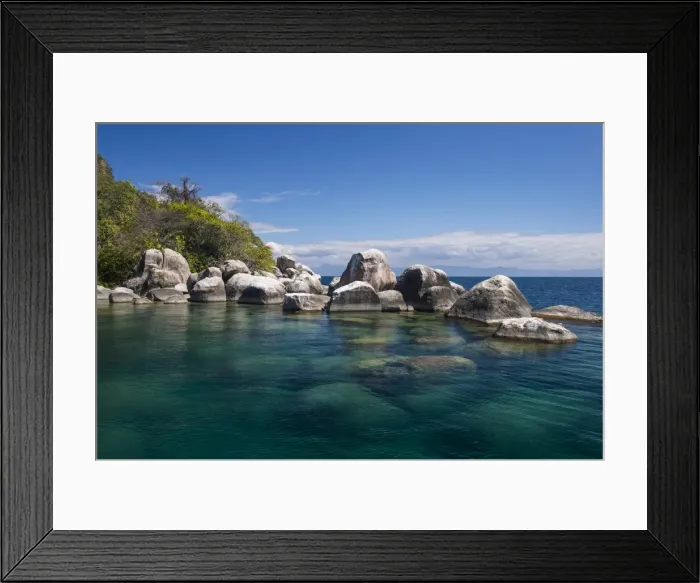 Framed Print : Turquoise clear water and granite rocks, Mumbo Island, Cape Maclear, Lake Malawi