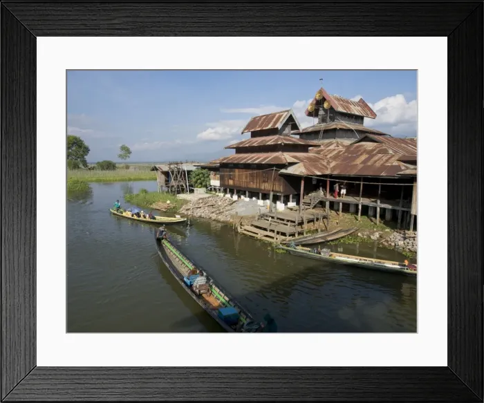 Framed Print : Tourists arrive by boat at monastery on Inle Lake, Shan State, Myanmar (Burma), Asia