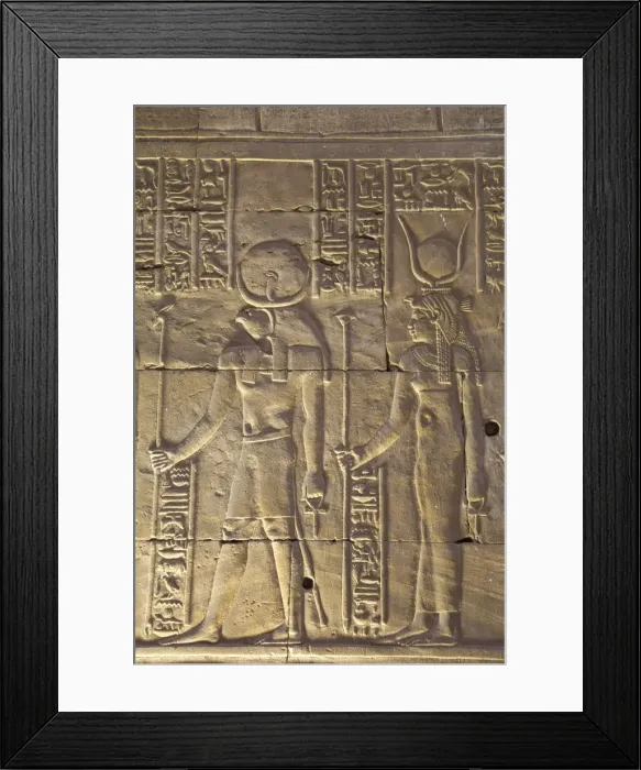 Framed Print : Relief depicting the God Horus on left and the Goddess Hathor on right, Temple of Horus