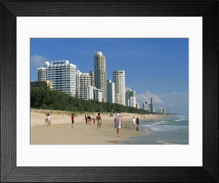 Framed Print : Morning walkers on the beach at the resort of Surfers Paradise on the Gold Coast of Queensland Framed Print : Morning walkers on the beach at the resort of Surfers Paradise on the Gold Coast of Queensland