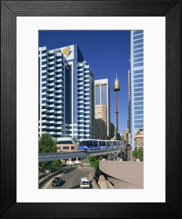 Framed Print : Raised mono rail track running through Darling Harbour, Sydney, New South Wales
