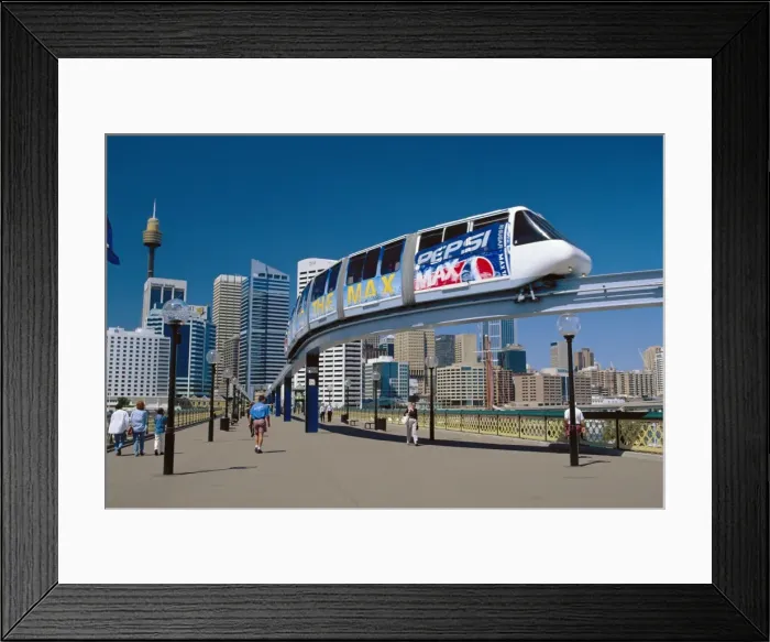 Framed Print : The Monorail at Darling Harbour with the city skyline beyond, Sydney, NSW Framed Print : The Monorail at Darling Harbour with the city skyline beyond, Sydney, NSW