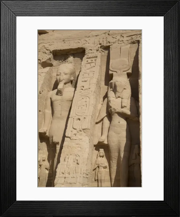 Framed Print : Rock-hewn statues of Ramses II on left, and Queen Neferatri on right, Hathor Temple