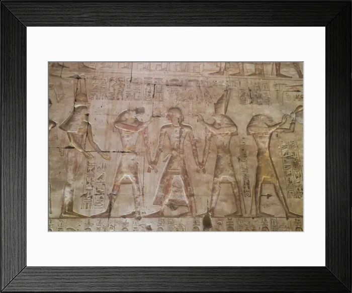Framed Print : Bas-relief of Pharaoh Seti I in center with Egyptian Gods, Temple of Seti I, Abydos Framed Print : Bas-relief of Pharaoh Seti I in center with Egyptian Gods, Temple of Seti I, Abydos