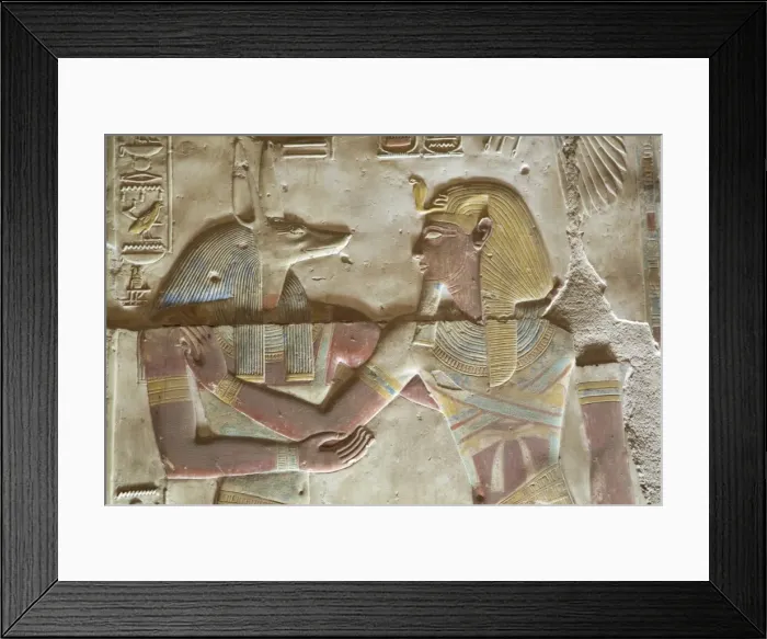 Framed Print : Bas-relief of the God Anubis on left, with the Pharaoh Seti I, Temple of Seti I, Abydos Framed Print : Bas-relief of the God Anubis on left, with the Pharaoh Seti I, Temple of Seti I, Abydos