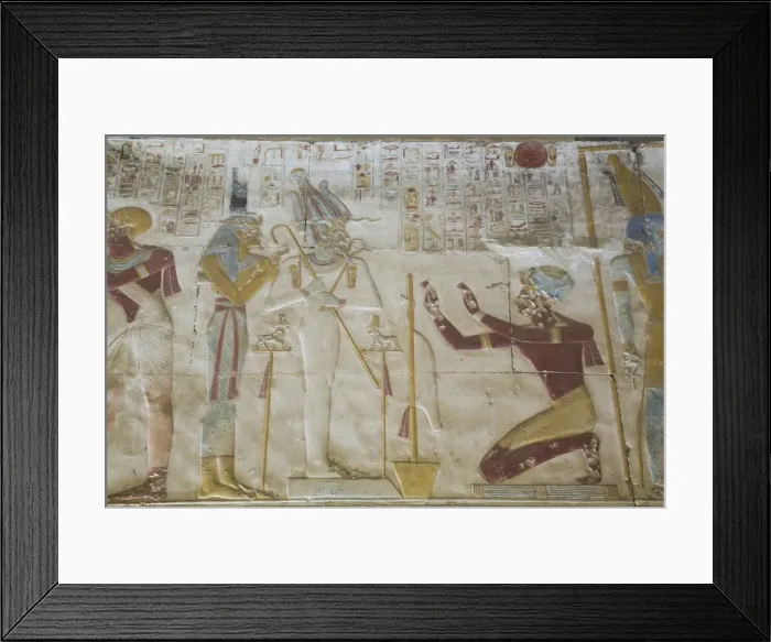 Framed Print : Bas-relief of the kneeling Pharaoh Seti I, Temple of Seti I, Abydos, Egypt, North Africa