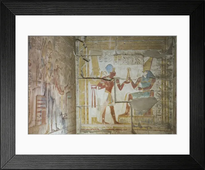 Framed Print : Bas relief of Pharaoh Seti I making an offering to the seated God Horus on right