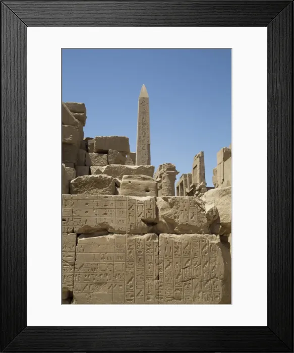 Framed Print : Hierogyliphics in foreground, Obelisk of Tuthmosis in the background, Karnak Temple Framed Print : Hierogyliphics in foreground, Obelisk of Tuthmosis in the background, Karnak Temple