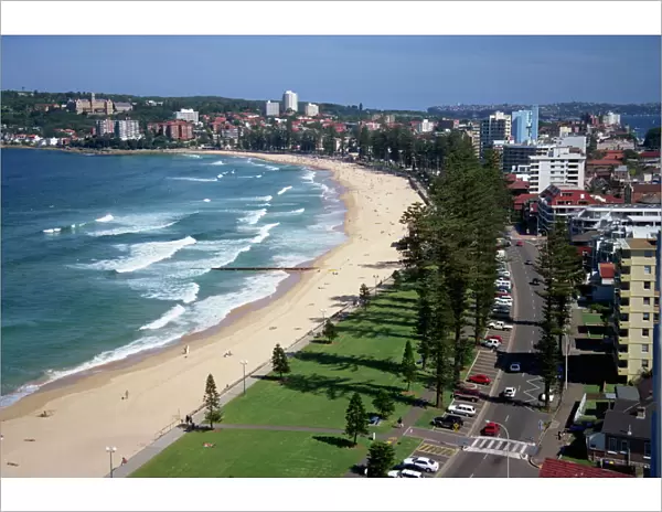 Aerial of the beach and road at Manly, Sydney, New South Wales, Australia, Pacific